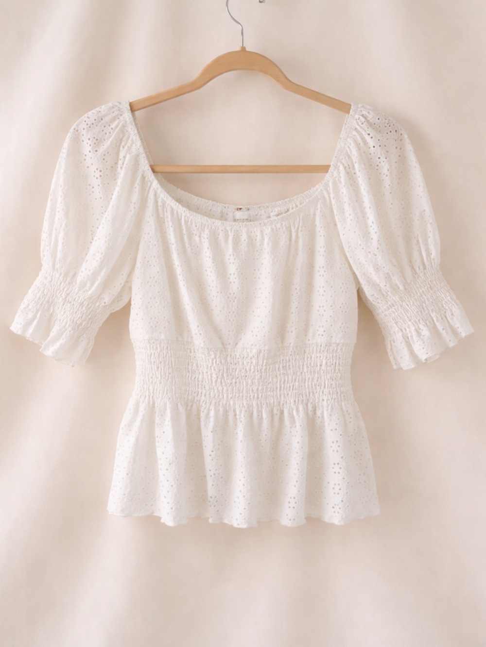 KIRIOUS Los Angeles Eyelet Smocked Peplum Blouse | Size L - Picture 4 of 6